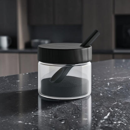 Minimalist Borosilicate Glass Seasoning Jar with Matte Black Wooden Lid and Spoon (300ml)