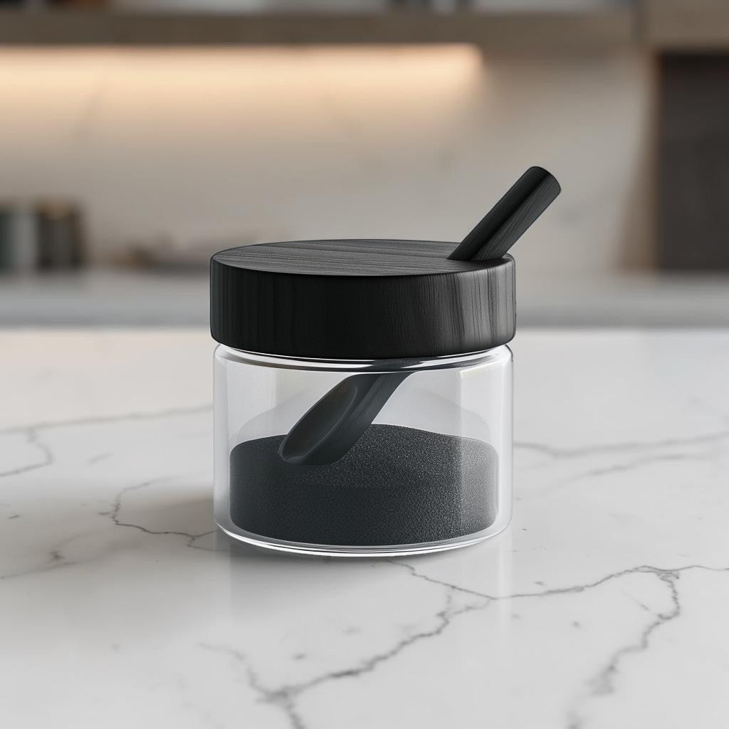 Minimalist Borosilicate Glass Seasoning Jar with Matte Black Wooden Lid and Spoon (300ml)