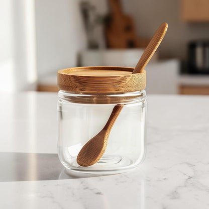 Minimalist Borosilicate Glass Seasoning Jar with Natural Bamboo Lid and Spoon (300ml)