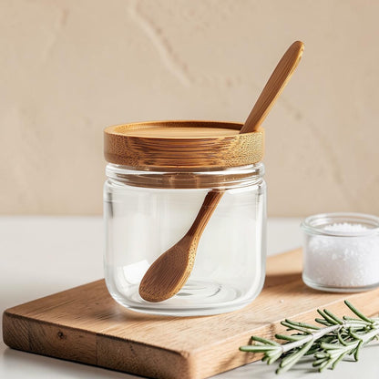 Minimalist Borosilicate Glass Seasoning Jar with Natural Bamboo Lid and Spoon (300ml)