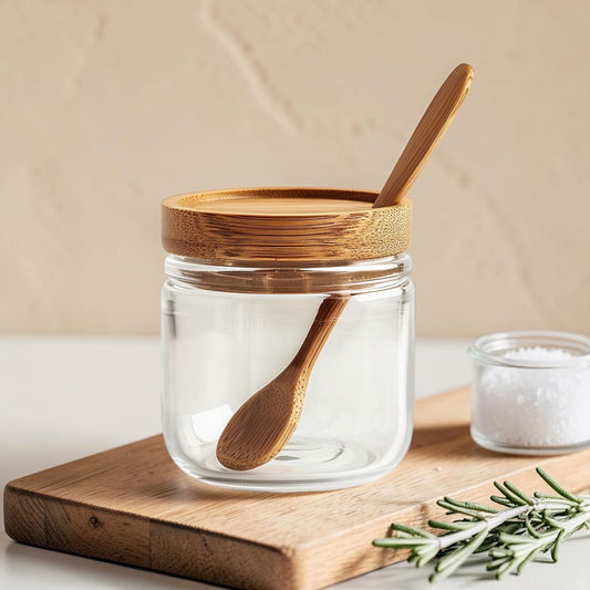 Minimalist Borosilicate Glass Seasoning Jar with Natural Bamboo Lid and Spoon (300ml)