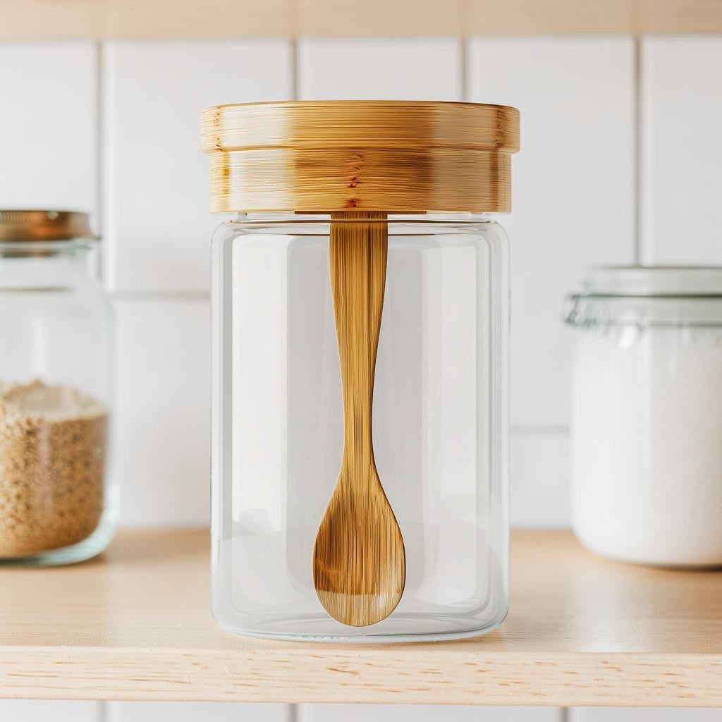 Large Borosilicate Glass Seasoning Jar with Natural Bamboo Lid and Spoon (500ml)