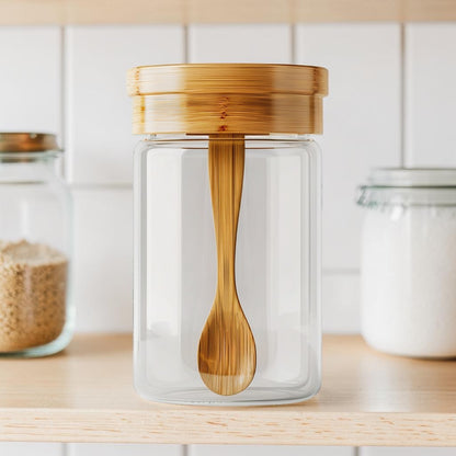 Large Borosilicate Glass Seasoning Jar with Natural Bamboo Lid and Spoon (500ml)